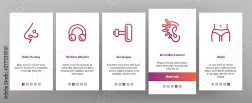 Piercing Salon Theme Linear Vector Onboarding Mobile App Page Screen. Piercing Earrings, Ball closure Ring. Stainless Steel Jewelry Pictograms. Professional Tool, Equipment Signs Illustrations
