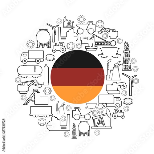 Concept of industrial plant and manufacture building. Energy generation and heavy industry. Brochure or cover design template. Circle frame with industrial thin line icons. Flag of the Germany