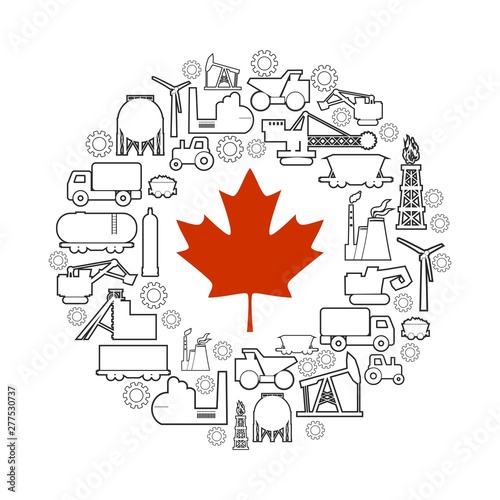 Concept of industrial plant and manufacture building. Energy generation and heavy industry. Brochure or cover design template. Circle frame with industrial thin line icons. Flag of the Canada