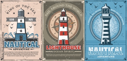Lighthouses, nautical compass, sailing ship ropes