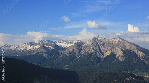 Mountain Parpaner Rothorn, Aroser Rothorn and Lenzer Horn seen from Obermutten, Switzerland.