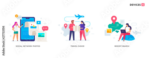 People use smartphones, leisure tourism, flights, social networks set of icons, illustration. Smartphones tablets user interface social media.Flat illustration Icons infographics. Landing page site