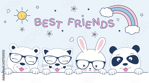 Cute animals cat, bear, bunny and dog best friends. Happy friendship day.