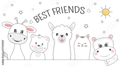 Cute animals giraffe, cat, bear, llama and hippo best friends. Happy friendship day.