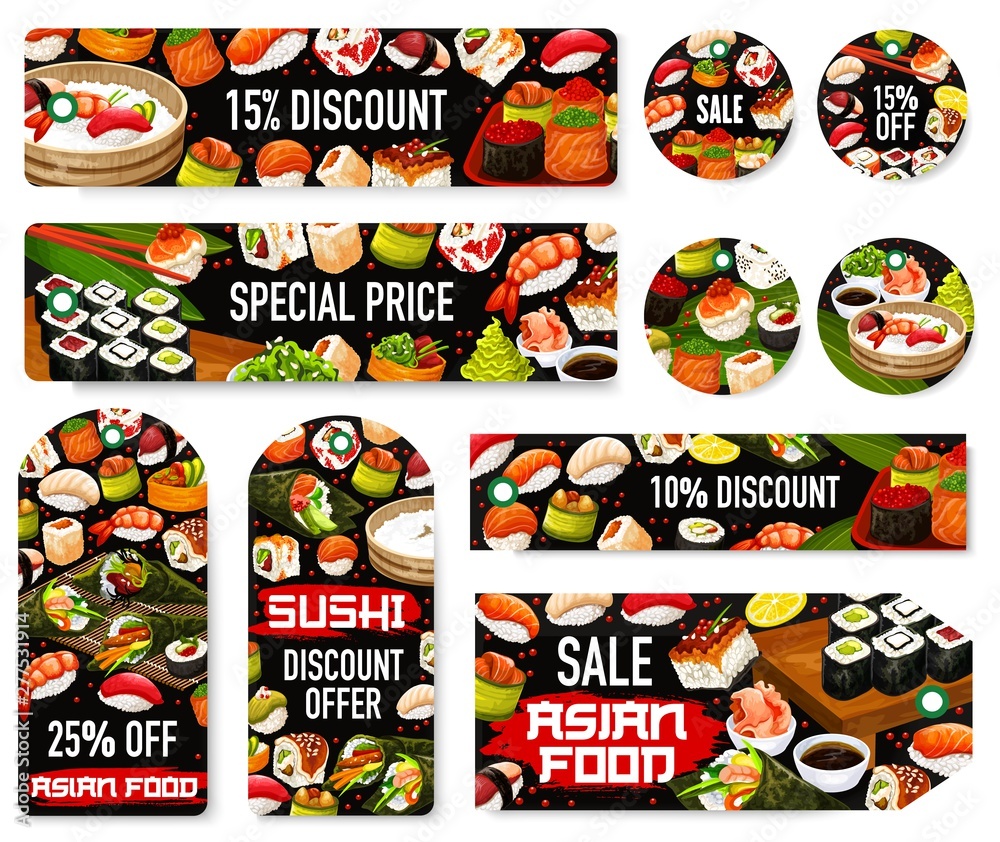 Sushi rolls, nigiri, temaki tags of Japanese food