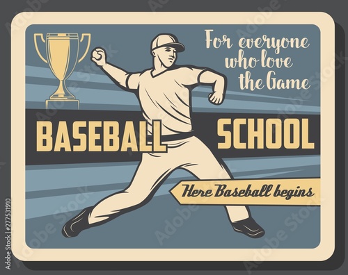 Baseball player, ball, trophy cup. Sport school