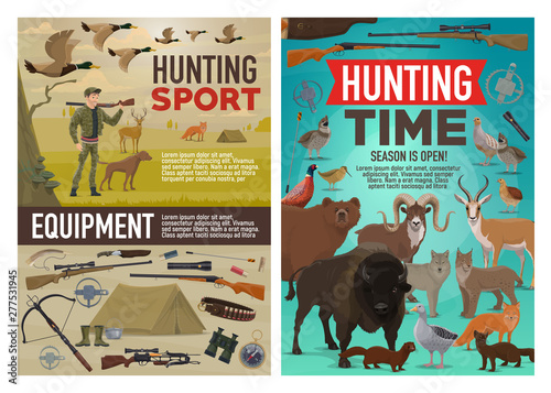 Hunting equipment, hunter, gun, animals and birds