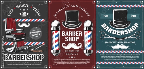 Barbershop poles, hairdresser chair and mustache