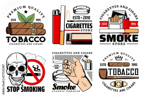 Tobacco cigarettes, cigar, lighter, ashtray, skull