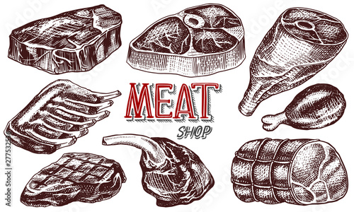 Beef meat, pork steak, chicken leg, meatloaf, bacon and ribs. Barbecue food in vintage style. Templates for restaurant menu, emblems or badges. Hand drawn sketch.