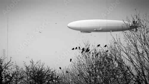 Zeppelin airship with flock of black ravens. Legendary flying dirigible balloon on sky, spinning propellers, crows on branches. Long zeppelin rigid airship. Black and white retro stylization, old film photo