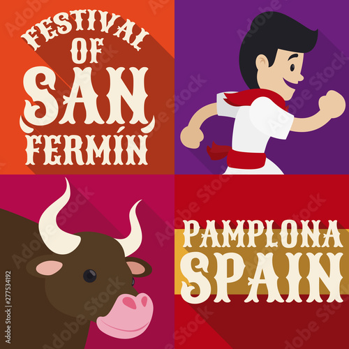 Runner and Bull for San Fermin Festival in Pamplona, Vector Illustration