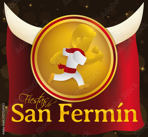 Medal with Spaniard Runner, Horns and Fabric for San Fermin, Vector Illustration