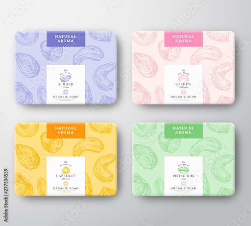 Almond, Cashew, Hazelnut and Pistachio Soap Cardboard Boxes Set. Abstract Vector Wrapped Paper Container with Label Cover. Packaging Design. Hand Drawn Nuts Background Pattern Layout.