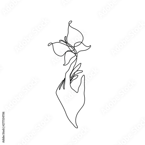 Butterfly on the tip of the finger сontinuous line drawing, female hand with butterfly single line on white background, isolated vector black and white illustration. Spa logo or manicure beauty salon.
