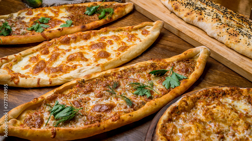 Assorted Turkish foodset.  pide with meat , pide with cheese, pide mix, lachmajun photo