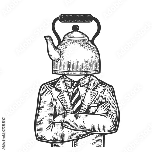 Kettle pot head businessman sketch engraving vector illustration. Scratch board style imitation. Black and white hand drawn image.