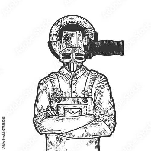 Angle grinder head construction worker carpenter sketch engraving vector illustration. Scratch board style imitation. Black and white hand drawn image.