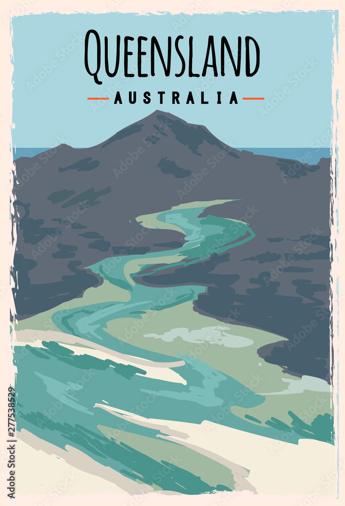Queensland retro poster. Queensland travel illustration. States of