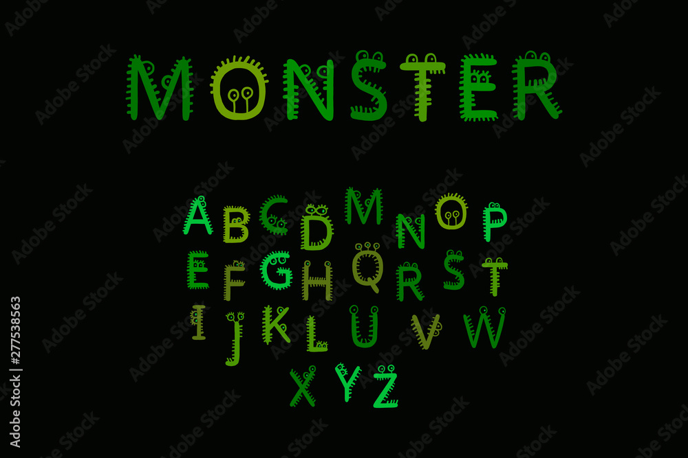 Monster hand drawn vector font in cartoon style fur and eyes alive letters Monster hand drawn vector font in cartoon style fur and eyes alive letters