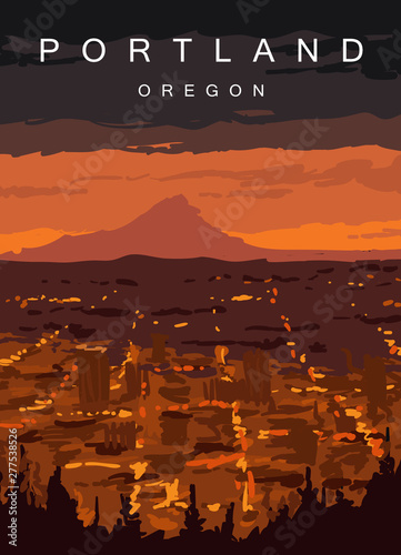 Portland modern vector poster. Portland, Oregon landscape illustration. Top 30 most populated cities of the USA.