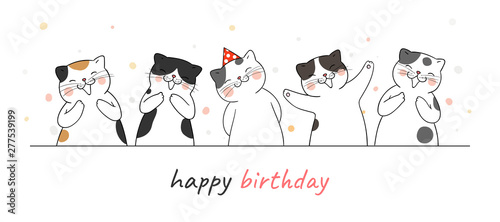 Fototapeta Naklejka Na Ścianę i Meble -  Draw banner cute cat clapping hand and singing for birthday.