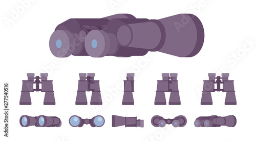 Binoculars optical instrument set. Glass lenses for viewing distant objects, to make a prognosis, research future. Vector flat style cartoon illustration isolated on white background, different views
