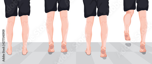 The legs of the men stand back and tiptoes in a cartoon style.