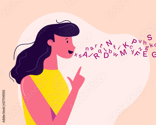 Young and friendly woman-logopedist is articulating on her logopedic treatment session. Colorful vector illustration for web and printing.