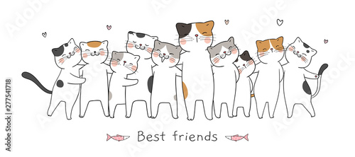 Draw banner cat hug with love and word best friends.