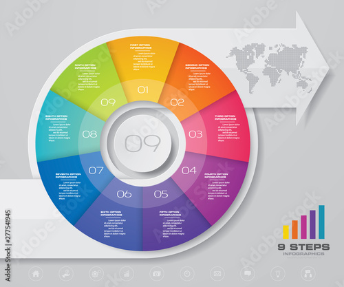 Modern 9 steps pie chart/ circle chart with arrow infographics design element. EPS 10.	