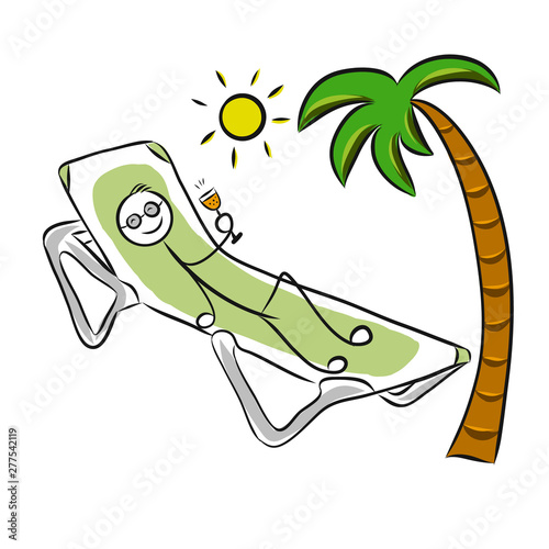 Stick man relaxing on deck chair with cocktail under the sun and palm tree. Concept of success or relax