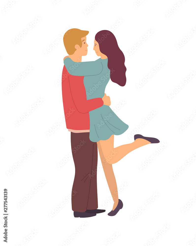 Young people embarrassing isolated on white. Vector cartoon characters male and female standing on one leg and gently hugging each other. Couple in love