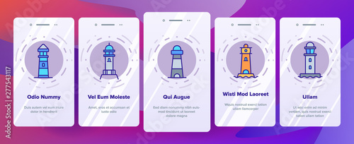 Lighthouse, Sea Beacon Linear Vector Onboarding Mobile App Page Screen. Lighthouse, Signal Light House Thin Line Contour Symbols Pack. Sailor Safety Warning Pictograms Collection. Illustrations