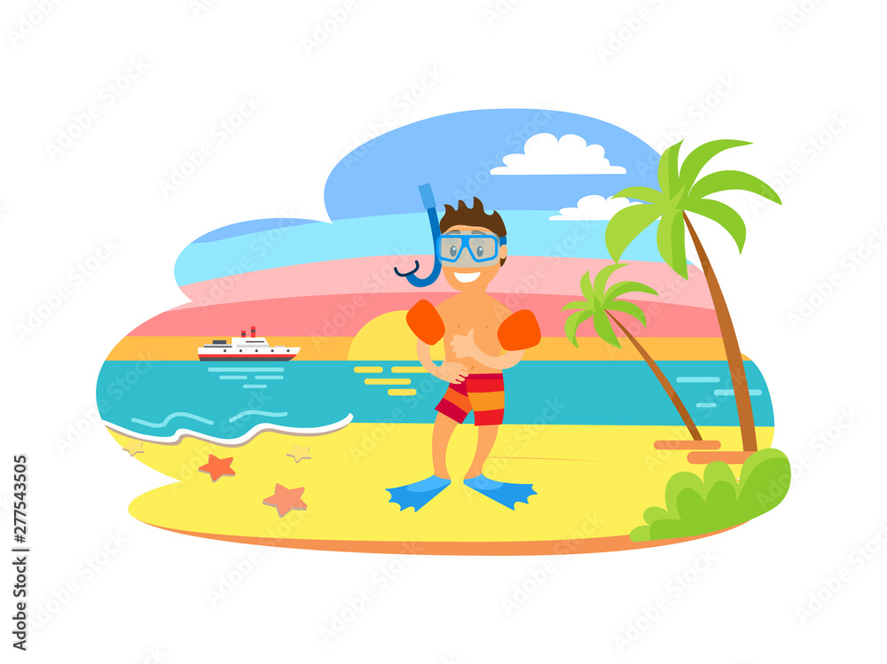 Child wearing underwater mask, flippers and inflatable circles, standing on beach, smiling character in shorts. Ocean view with ship and sunset vector, beach with palms