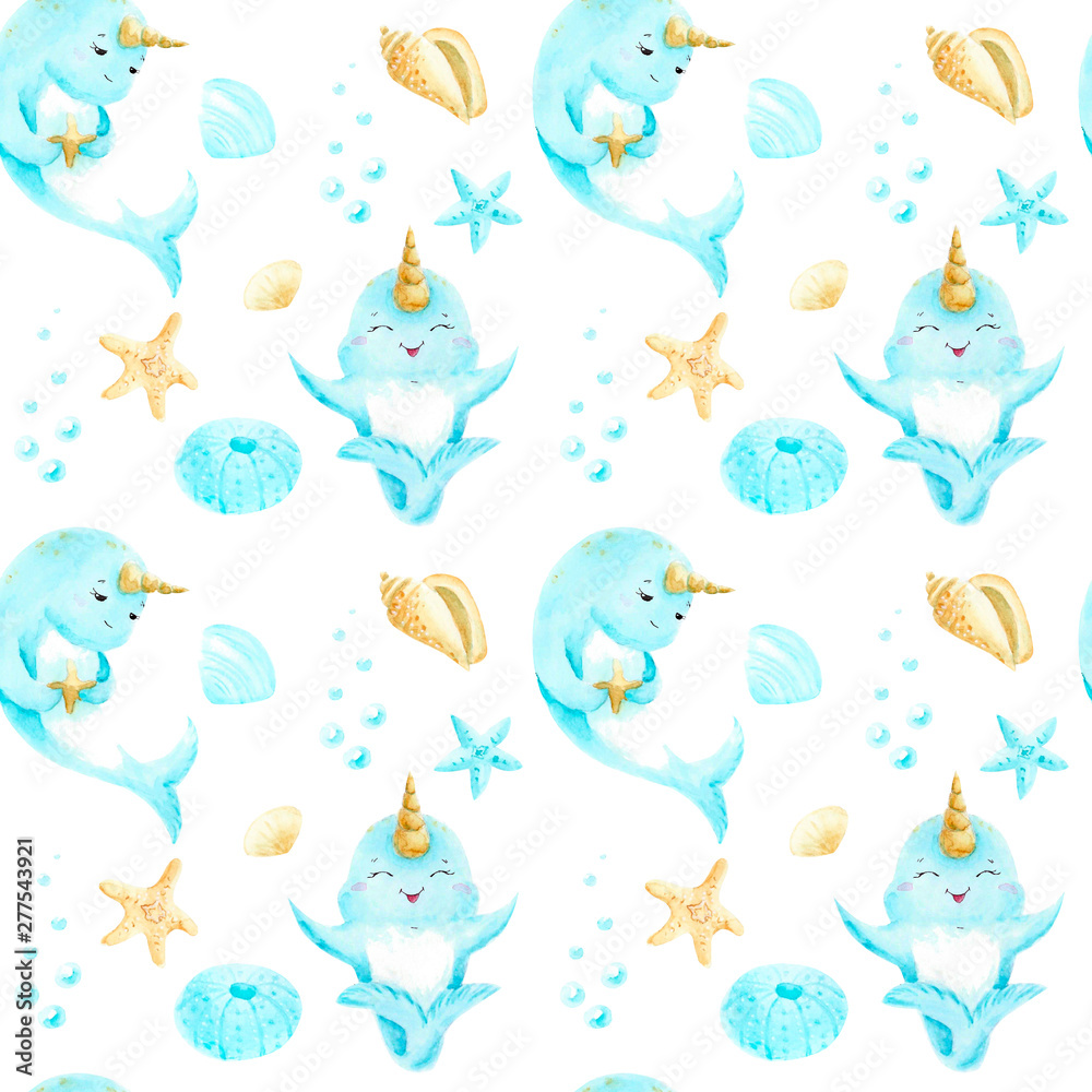 Watercolor seamless pattern for children with cute narwhals and sea elements