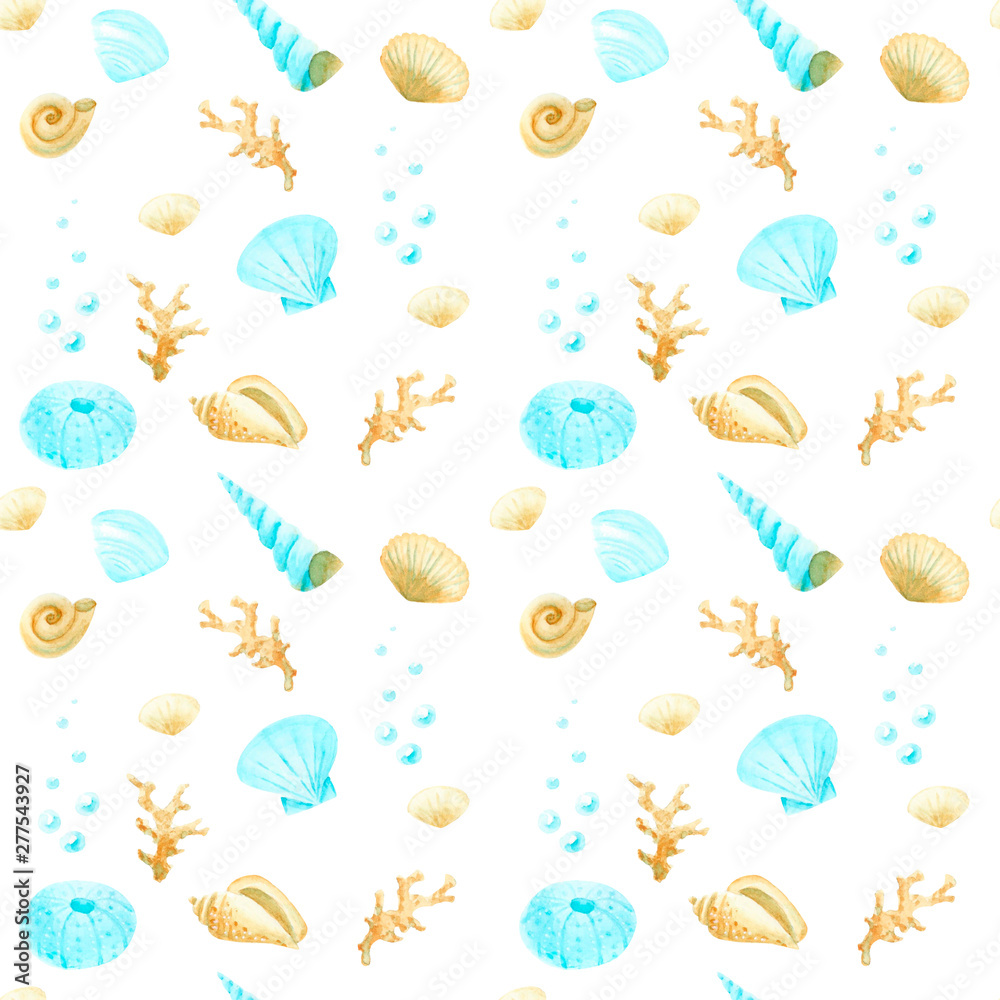 Watercolor seamless pattern with corals, seashells and other sea elements