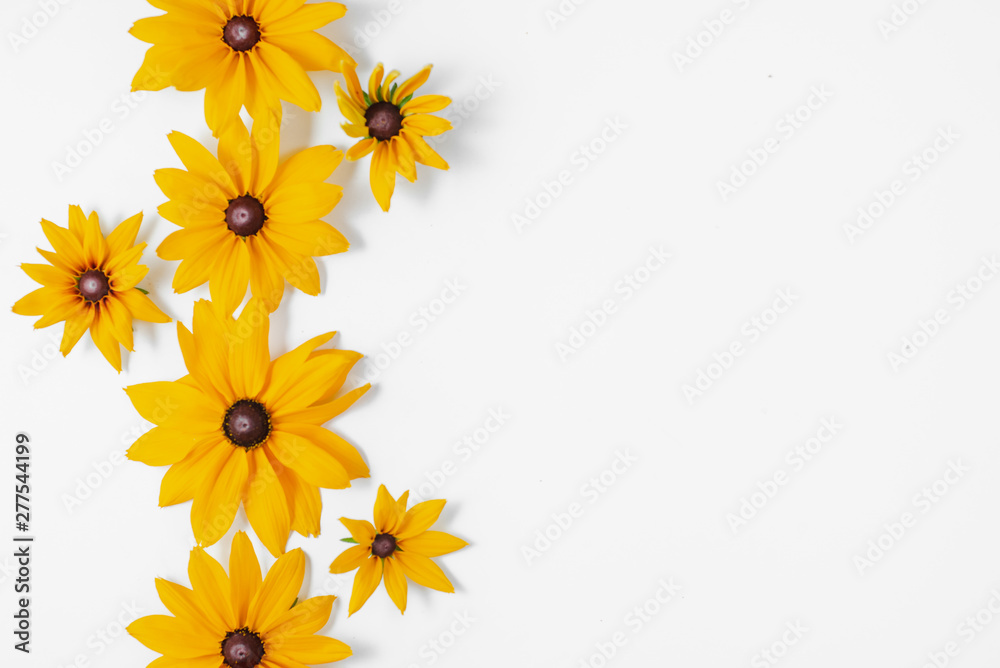 Flowers composition. Pattern made of yellow flowers on white background. Summer and autumn concept. Flat lay, top view, copy space Flowers composition. Pattern made of yellow flowers on white background. Summer and autumn concept. Flat lay, top view, copy space