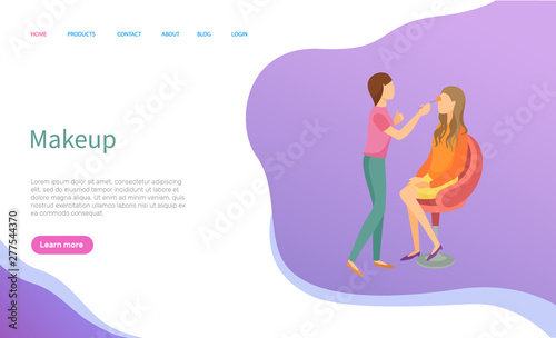 Makeup artist service vector, woman in chair and salon master. Female beauty industry worker with brush for blush and client online order on webpage