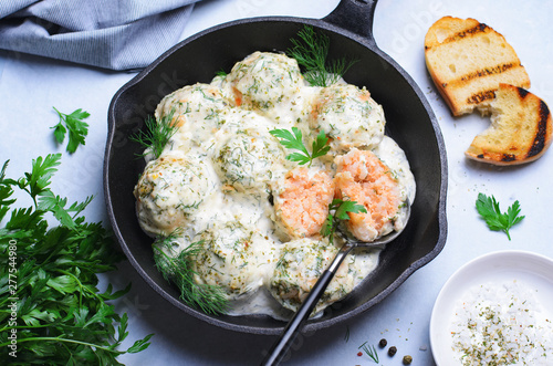 Salmon Balls with Creamy Sauce in a Skillet, Tasty Fish Balls