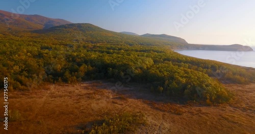 Flying above beautiful lake Blagodatnoye surrounded with green forests and mountains on the background. Sikhote-Alin Nature Reserve in Russia for the endangered Siberian tiger founded in 1935. Aerial photo