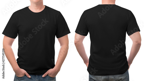 close up black t-shirt cotton man pattern isolated on white.