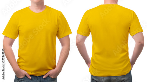 close up yellow t-shirt cotton man pattern isolated on white.