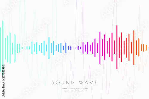 Poster of the sound wave from equalizer. Music soundwave design, light bright elements isolated on light gray backdrop. Abstract background consist of lines elements. Vector illustration