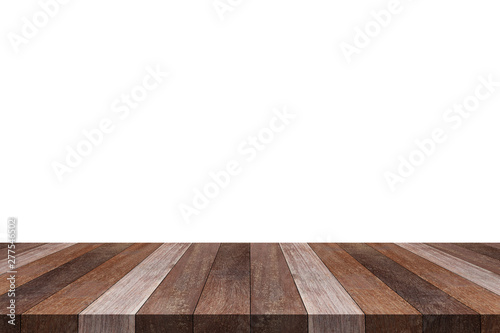 Wooden old table isolated on white background. For your product placement or montage with focus to the table top in the foreground. Empty wooden orange shelf. shelves © sichon