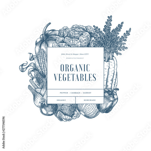 Healthy organic vegetables design template. Farm fresh vegetables engraved illustration. Vector illustration