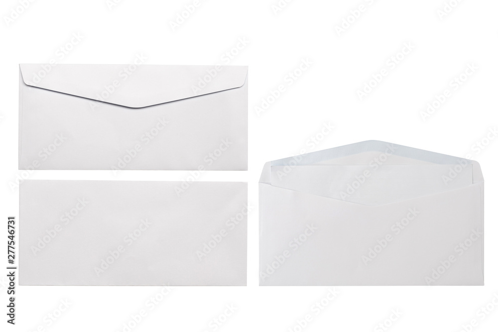 White envelope front and back isolated on white background. Letter top view. Object with clipping path White envelope front and back isolated on white background. Letter top view. Object with clipping path