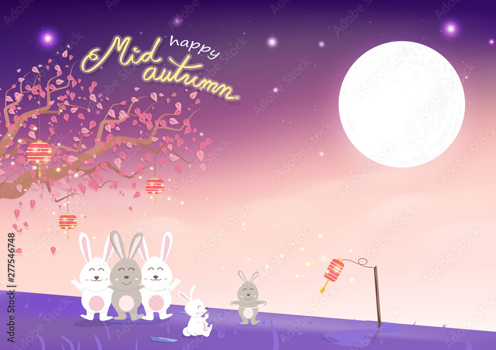 Happy Mid Autumn, cute rabbit family cartoon and sakura falling with full moon, fantasy concept, invitation poster card festival celebration background vector illustration