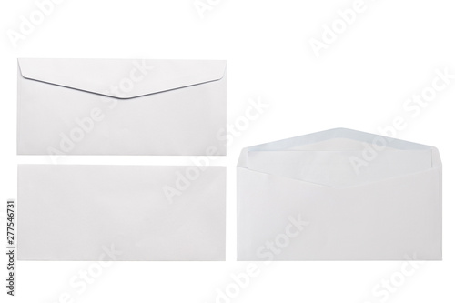 White envelope front and back isolated on white background. Letter top view. Object with clipping path