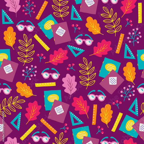 School seamless pattern with oak leaves, glasses, ruler, branch, notebook